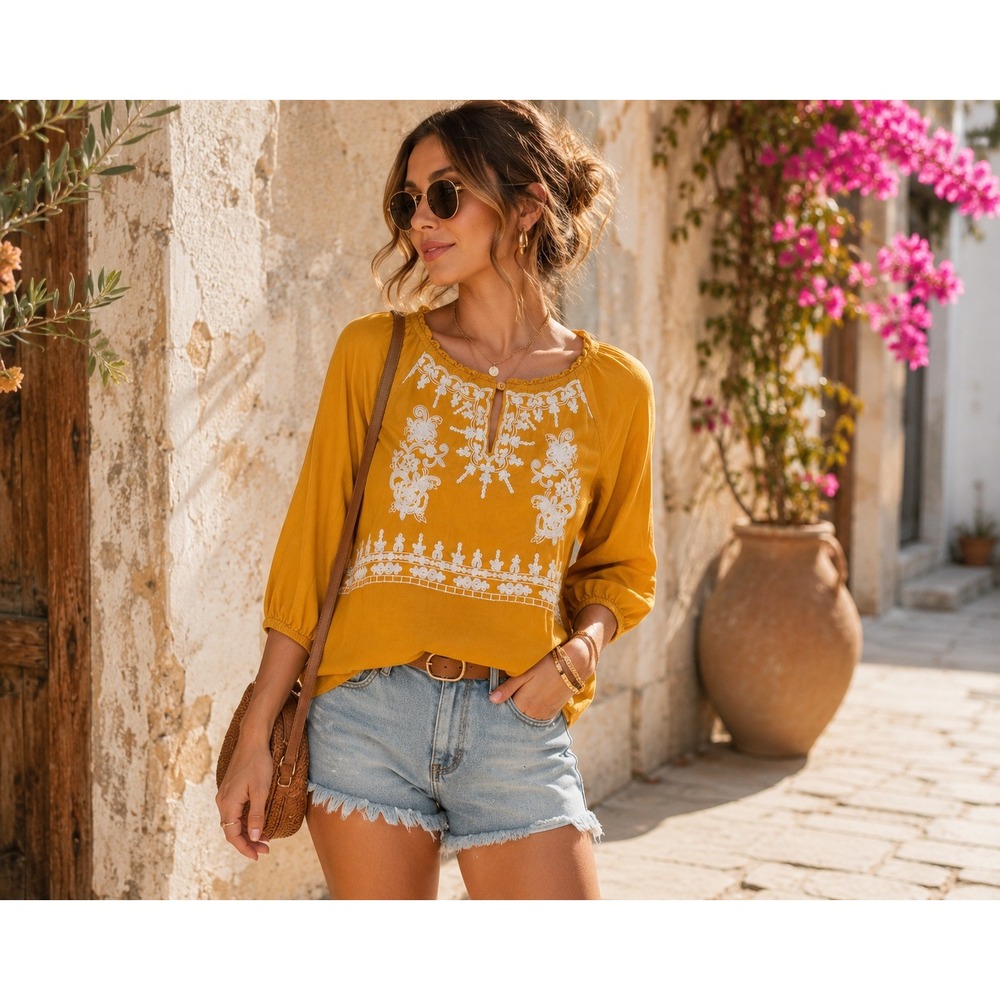 St. Johns Bay Embroidered Peasant Blouse Womens Medium Yellow Excellent Boho Top